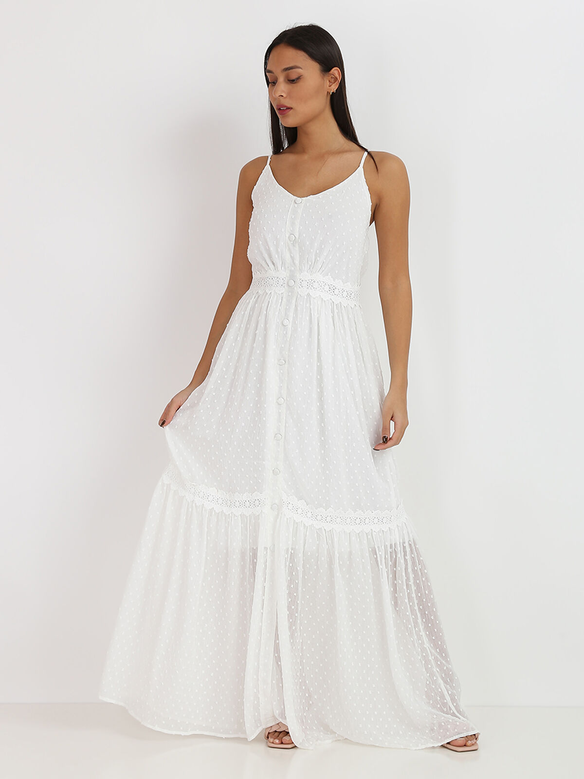 Robe longue à plumetis- Blanc