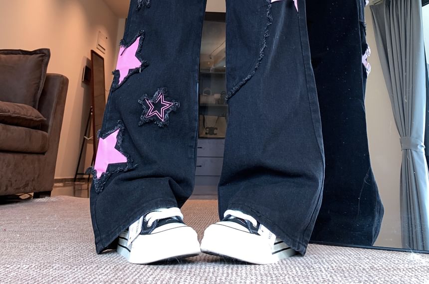 Porstina - High Rise Star Patchwork Wijde Pijpen Jeans