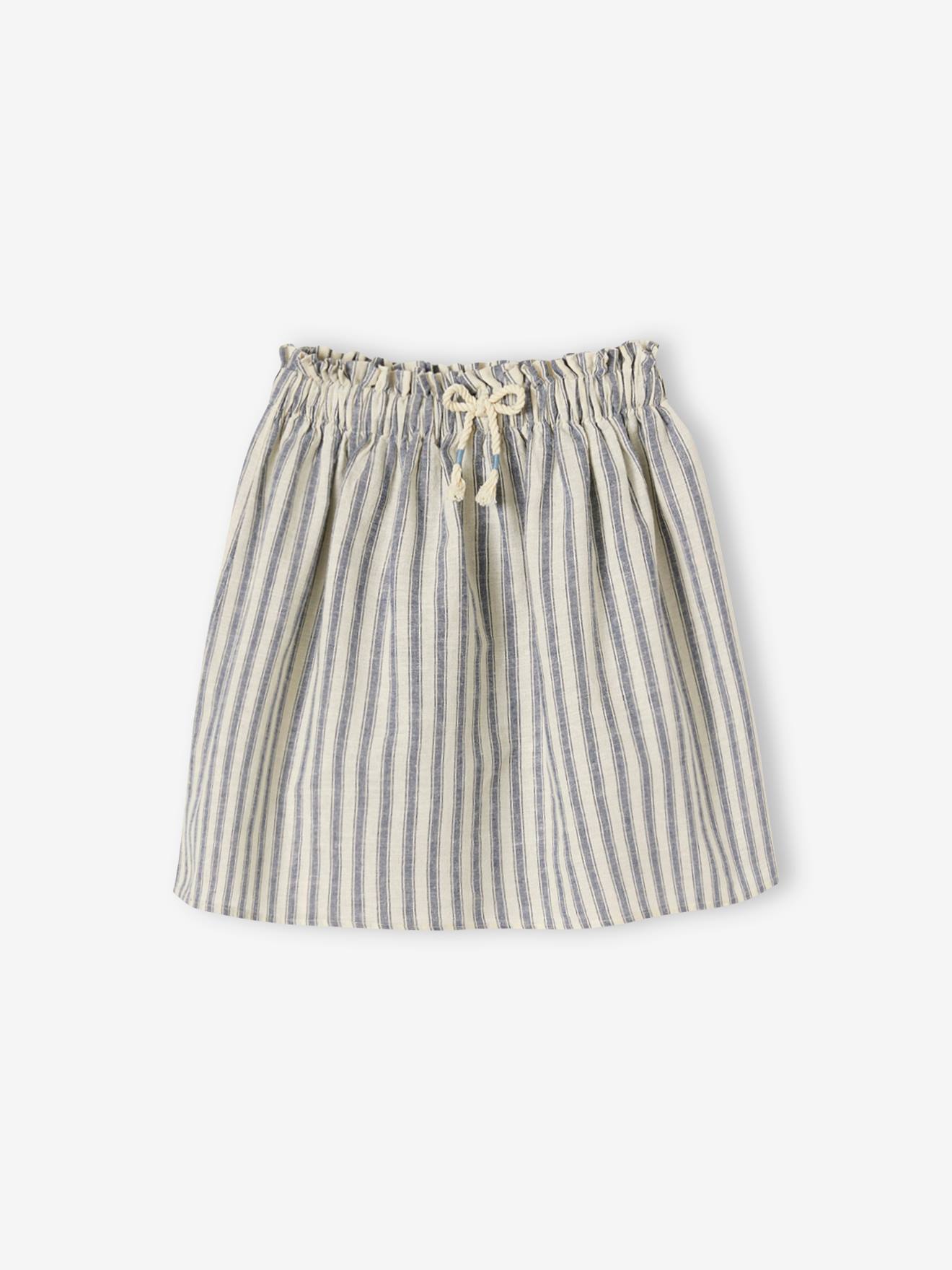 Saia listrada azul-escura em algodão/linho para meninas