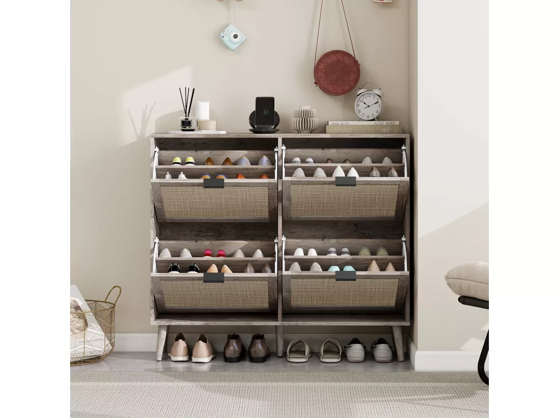 Meuble à chaussures rétro gris à 4 portes, avec look en rotin, double étagère, 105 cm, avec fond arrière, idéal pour couloir et espaces similaires