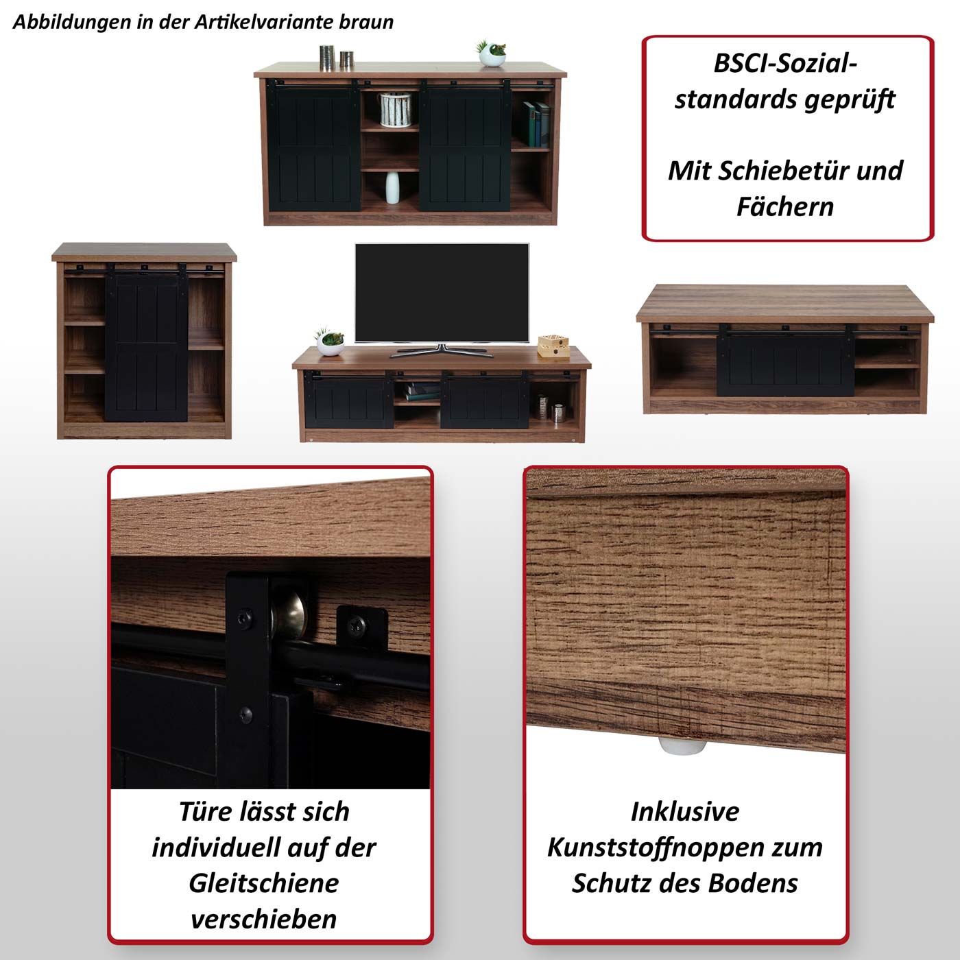 Wohnzimmerset aus TV-Rack, Sideboard, Kommode und Couchtisch MCW-K75, Schiebetür Staufächer, Industrial ~ naturfarben