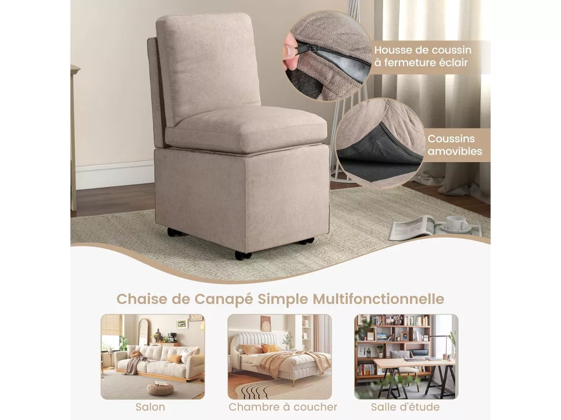 Fauteuil Salon Rembourrée avec Rangement et Roues, Chaise d'Appoint sans Accoudoirs en Tissu avec Coussins Amovibles, Ottoman de Rangement avec Dossier pour Salon, Chambre, Bureau (Style 1)