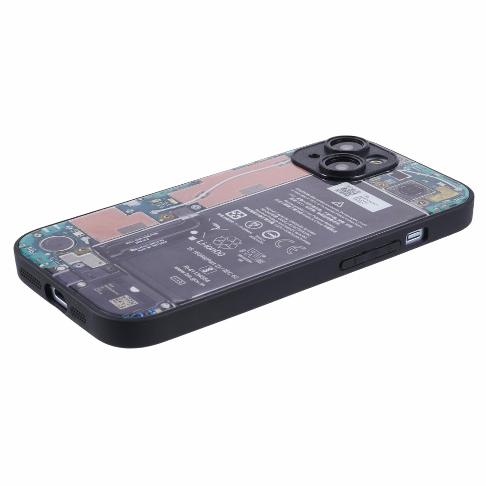 iPhone 15 Hybrid Hülle TPU Bumper mit Acryl Rückseite im Batterie Platine Mainboard Design 2   Kameraschutz - Schwarz