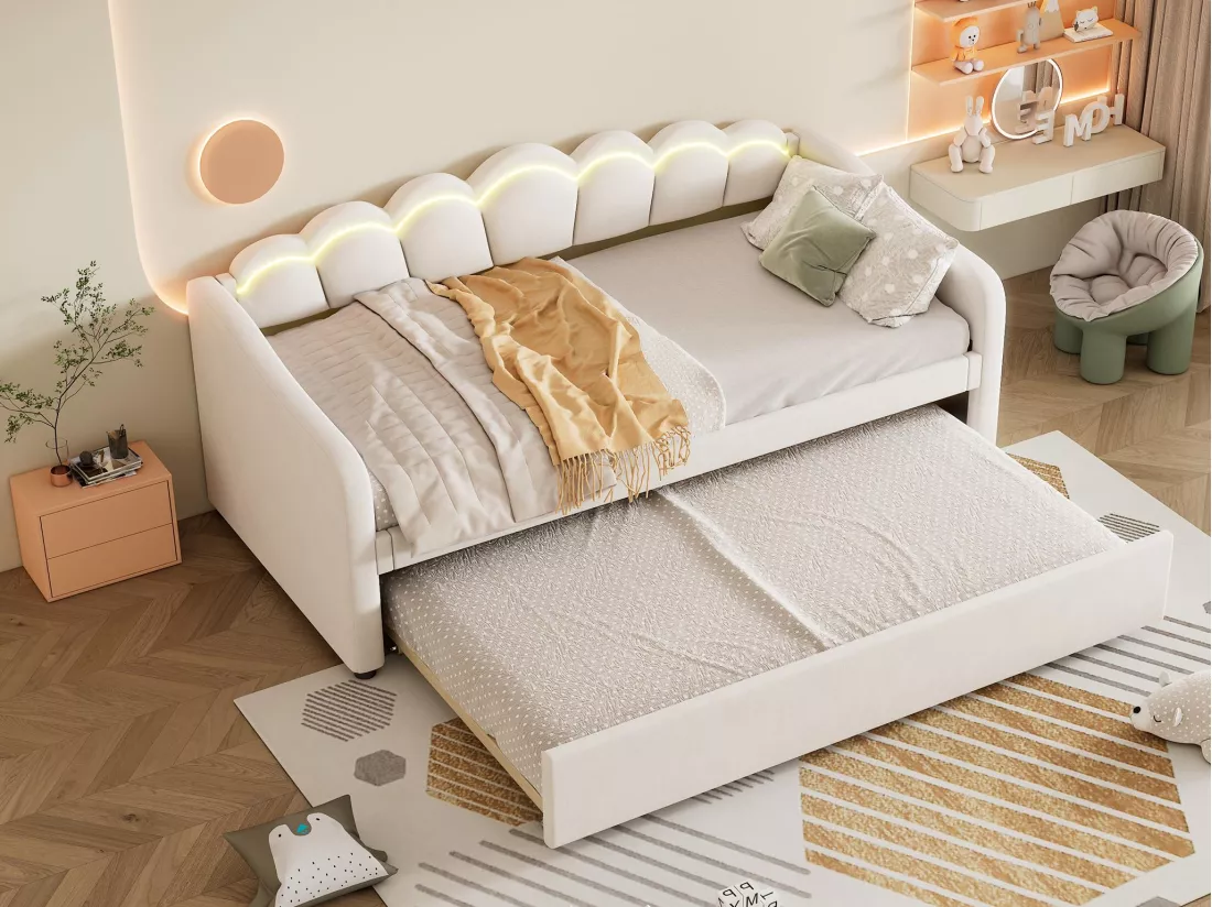 Lit banquette 90x200cm avec LED + lit gigogne 90x190cm - rembourré en tissu velours - Beige (matelas non inclus)