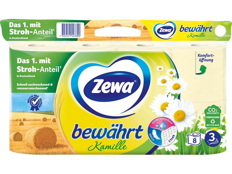 Zewa Toilettenpapier Bewährt Kamille mit Strohzellstoff 8 R Weiches WC-Papier mit zartem Kamilleduft