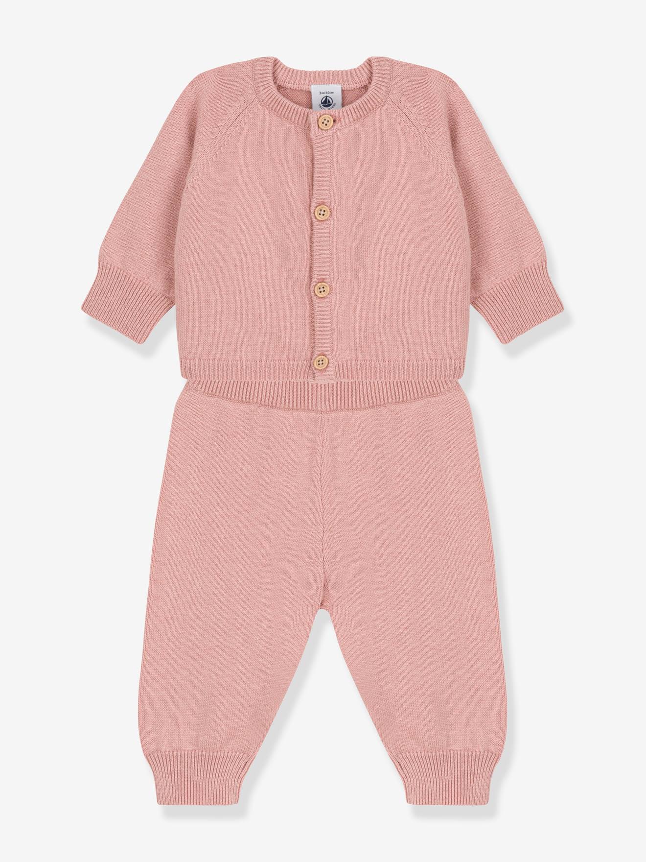 Conjunto de 2 peças de tricô rosa para bebê PETIT BATEAU, em lã e algodão tricot.