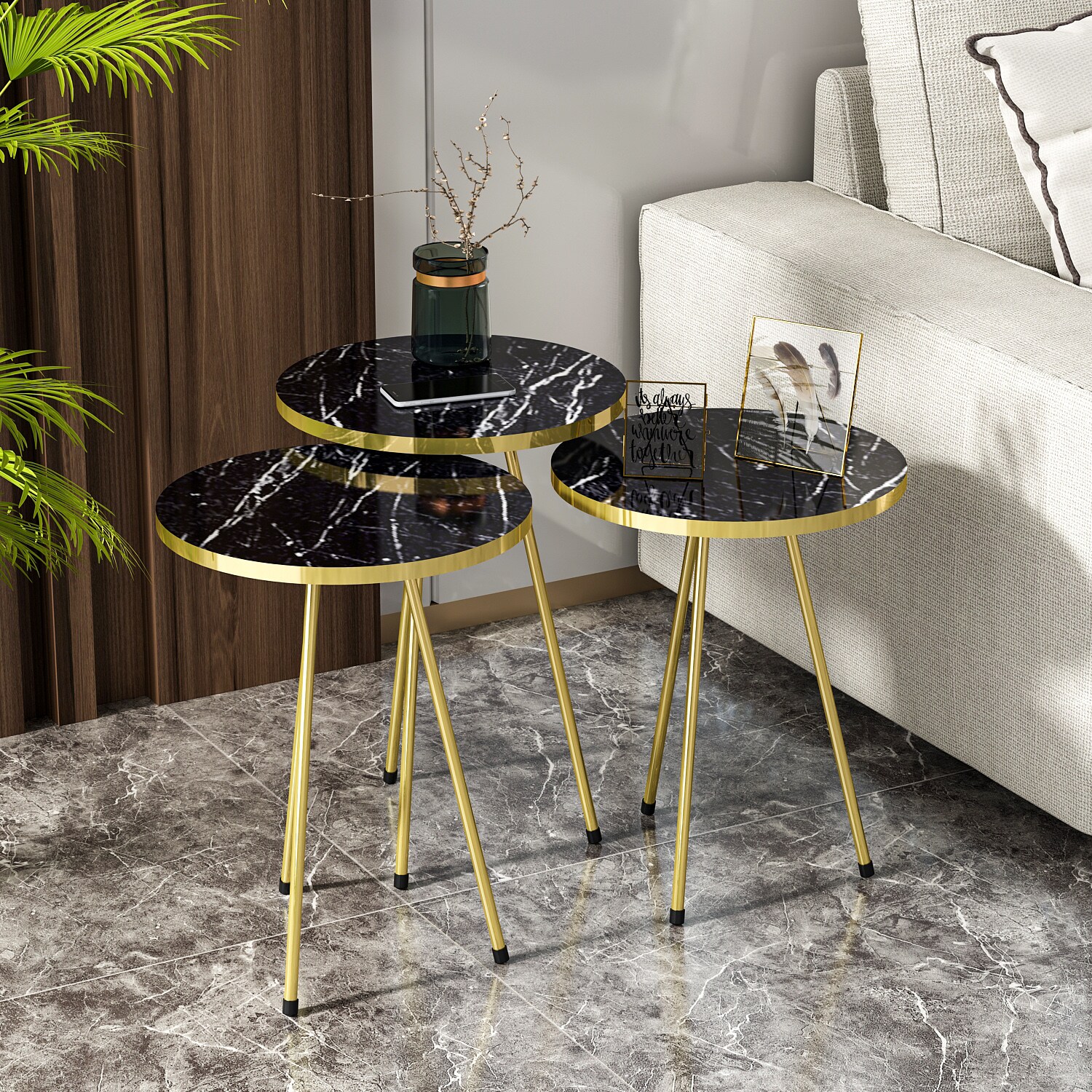 Beistelltisch 3er Set Marmoroptik Schwarz 21756153
