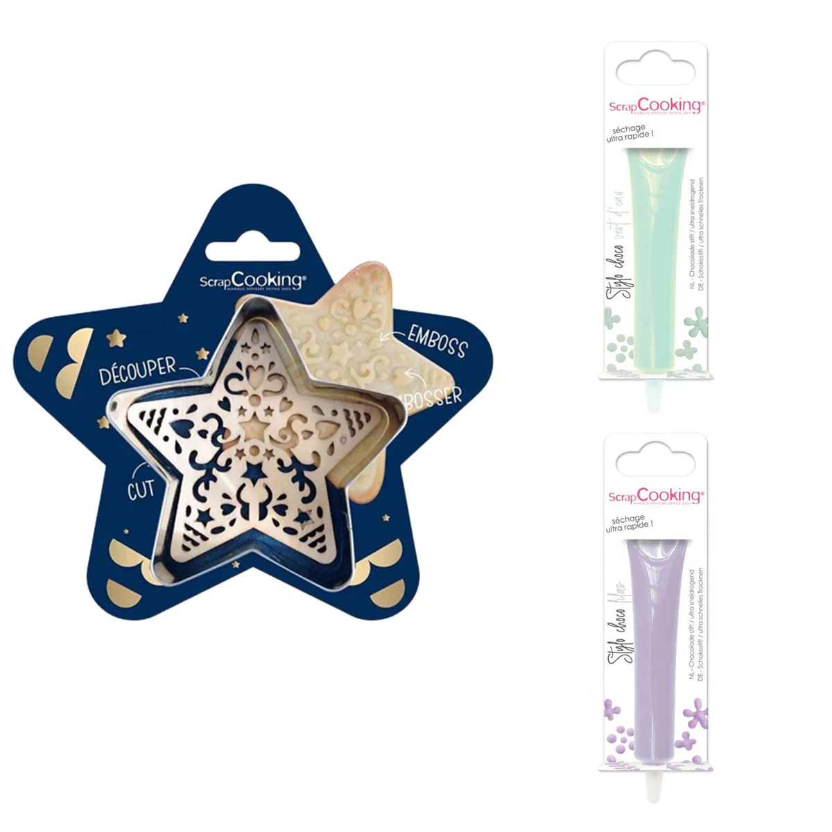 Kit pour biscuit en relief Étoile + 2 Stylos au chocolat vert d'eau et