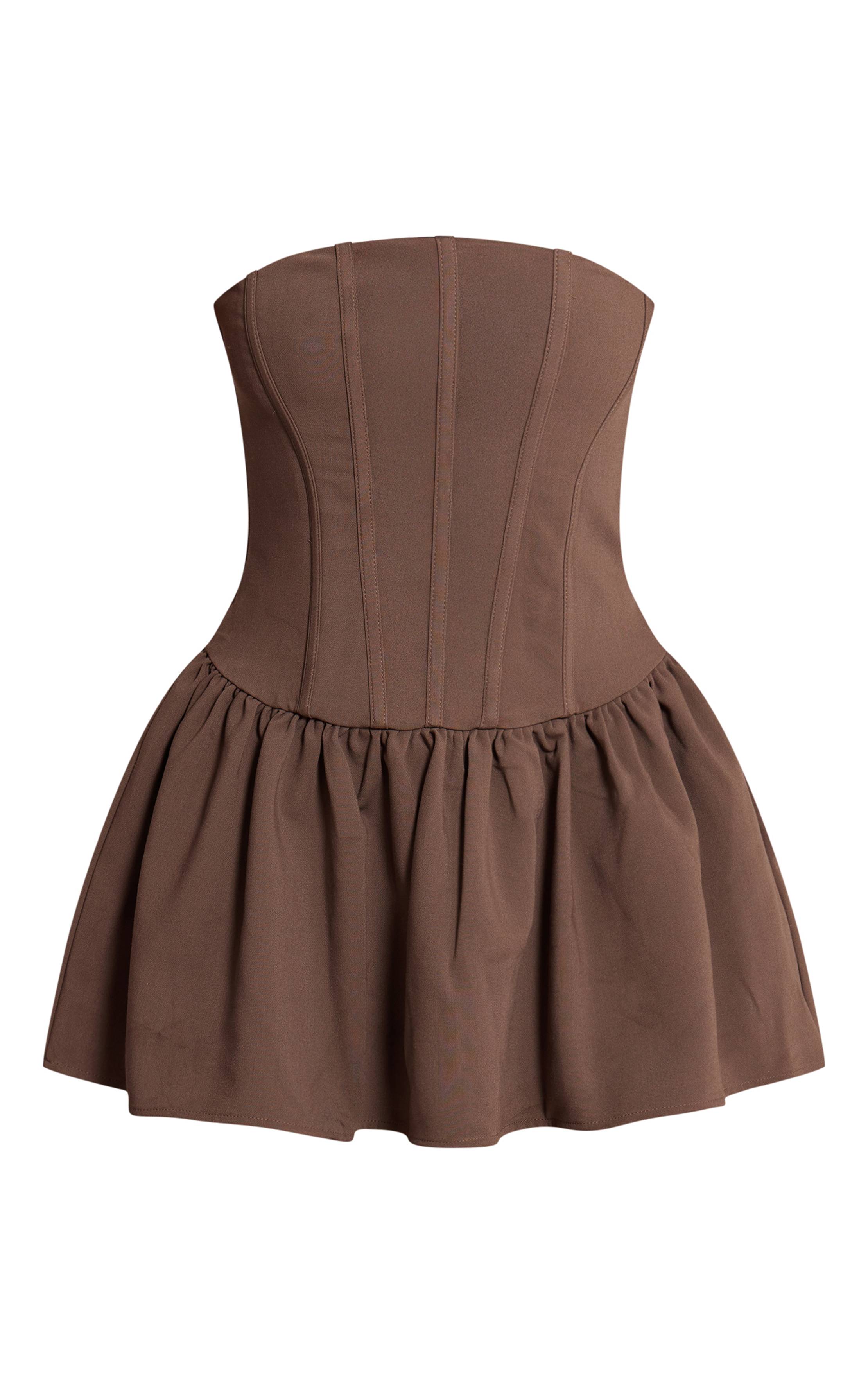 Chocolat Robe Mini Bustier Bandeau Tissé Avec Corset Et Ourlet À Volants