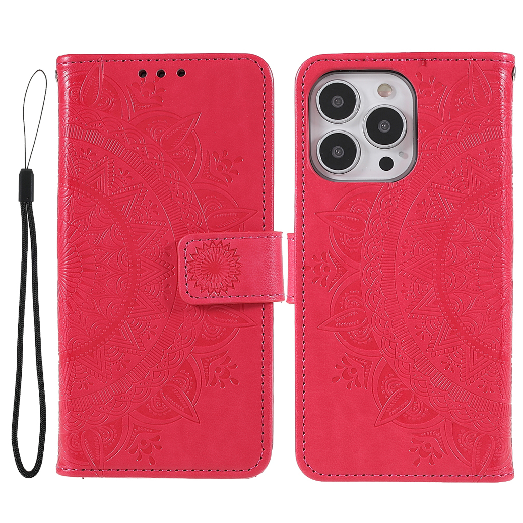 iPhone 13 Pro Leder Tasche Wallet - Mandala Flowers Imprint - Rot / Pink