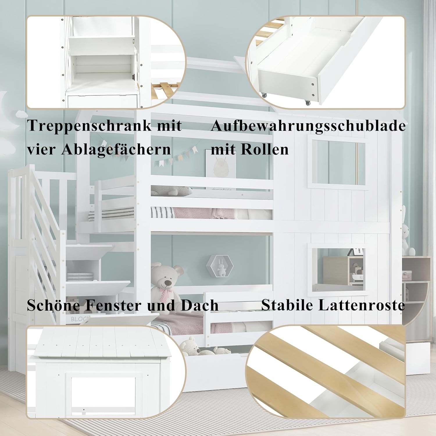 Kinderbett 90x200 cm für 2 Kinder, Etagenbett mit Stauraumtreppe, Hausbett mit Fenster und Dach, Stockbett mit 2 Schubladen, Holzbett mit Lattenrost, Weiß, ohne Matratze