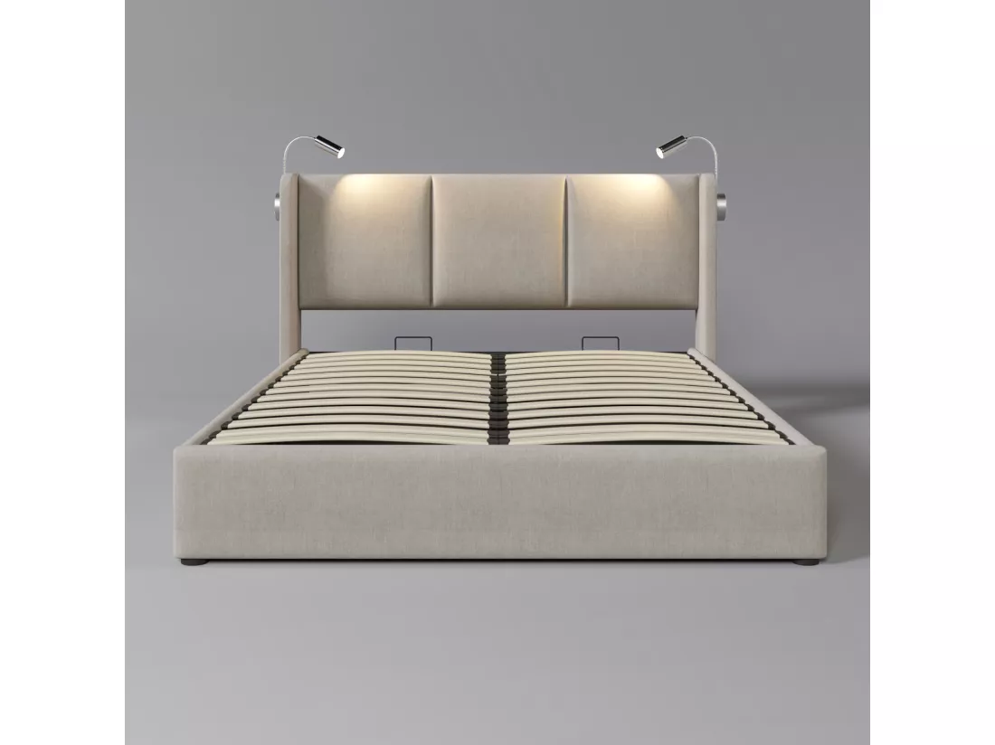 Lit hydraulique avec lampe de lecture - 140x200 cm - charge USB et grand rangement - Lin - Beige