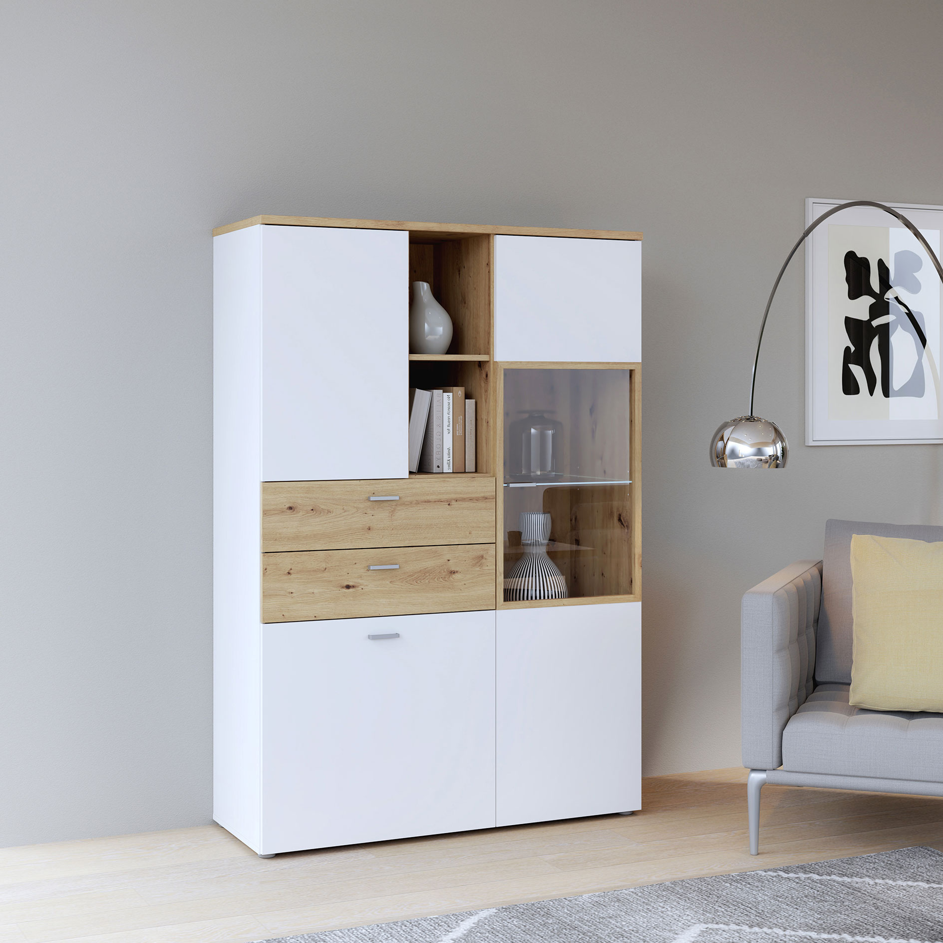Highboardvitrine - weiß - Artisan Eiche - 110 cm breit