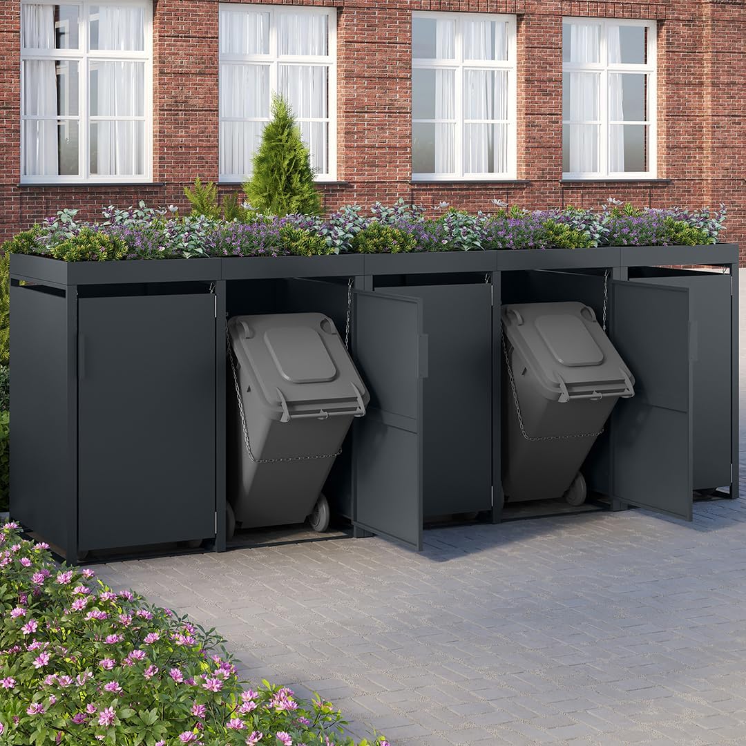 STEELSØN Thoria Mülltonnenbox 4er bis 240L mit Pflanzendach – Mülltonnenverkleidung aus Stahl für 4 Tonnen – Müllcontainer in Anthrazit – Müllbox mit Pflanzenkasten – Gerätebox 125x80x268 cm (HxTxB)
