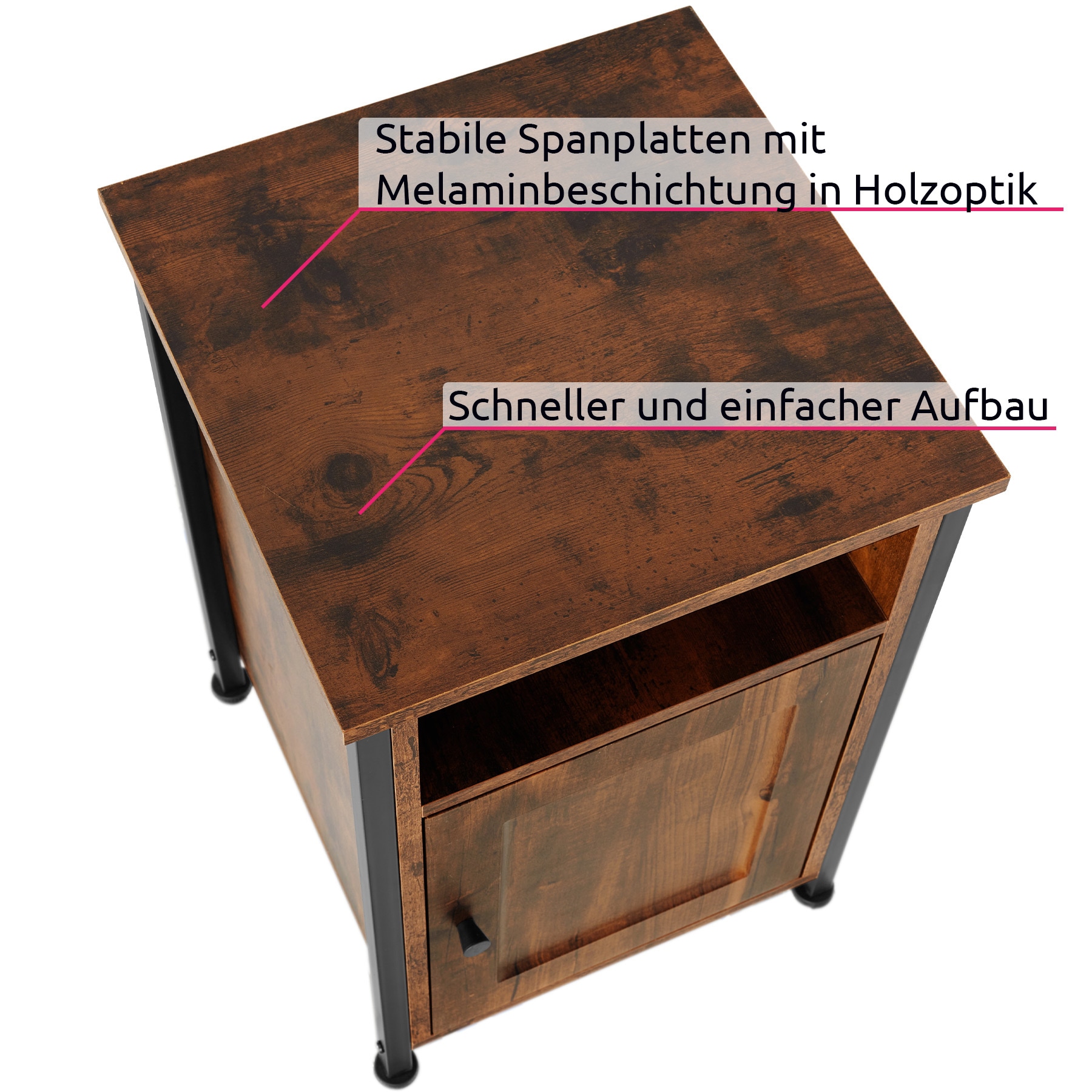tectake® Nachttisch, Industrial Style, Ablage, offenes Staufach, Staufach mit Magnettür und Einlegeboden, 40 x 42 x 60,5 cm