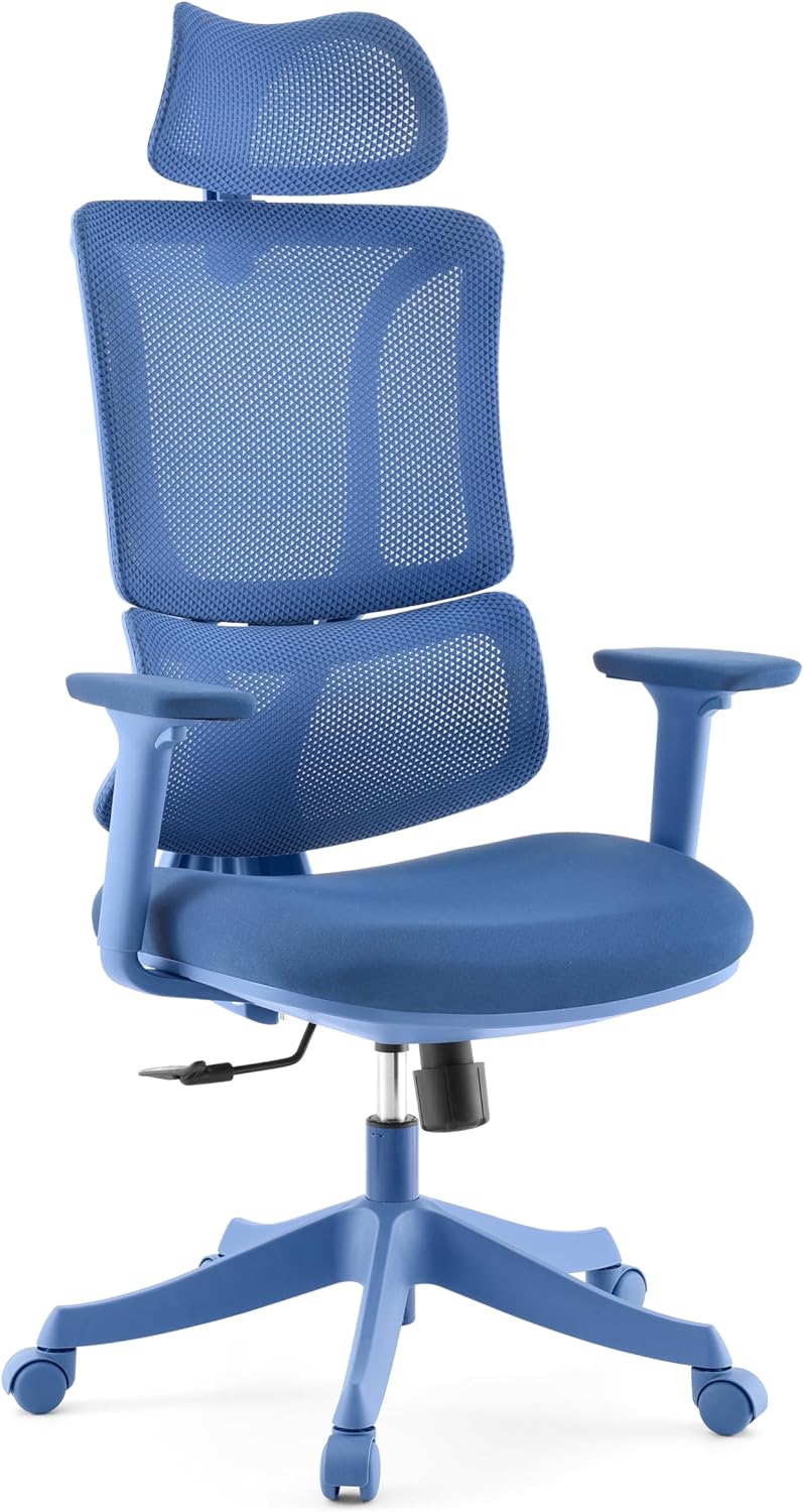 Bürostuhl Ergomy Colore – ergonomischer Schreibtischstuhl, atmungsaktiver Rückenlehne, Verstellbarer Lordosenstütze, 3D Armlehnen & Kopfstütze, Blau