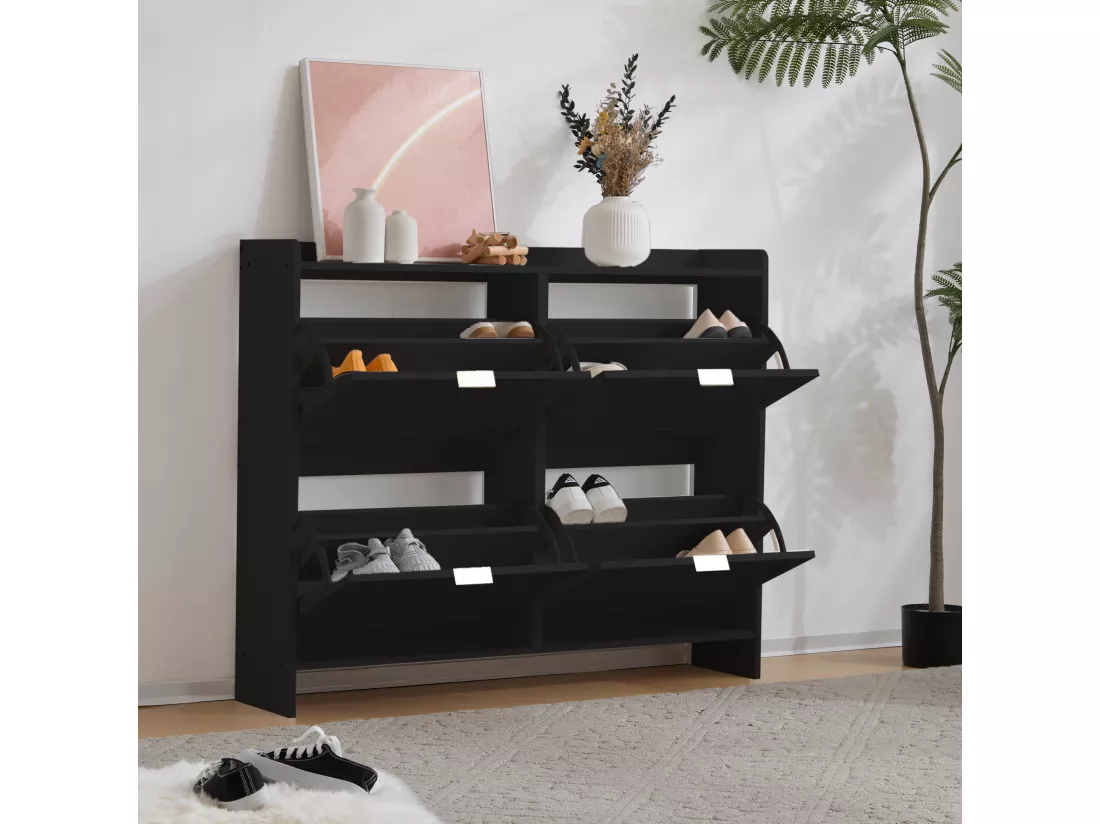 Meuble à chaussures moderne avec 4 tiroirs abattants - 110 x 34 x 90 cm - Panneau de particules - Noir