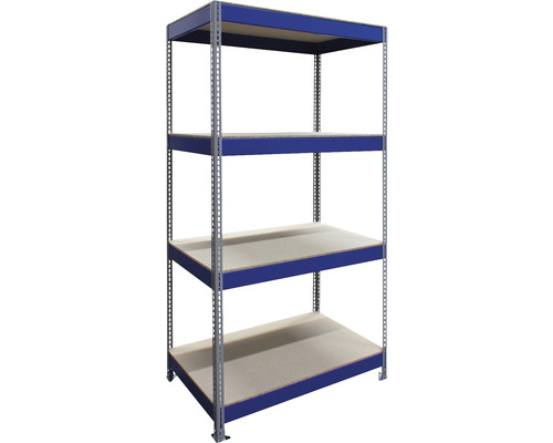 Robuuste industriële stellingkast, blauw/grijs gepoedercoat, 196x100x60 cm, 4 gedeelde houten legborden met metalen steunen en verstelbare metalen voeten, draagvermogen 1000 kg