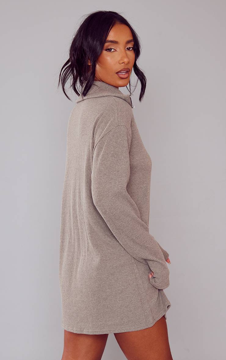 Sage Khaki Robe Synthétiquell Oversize Côtelée Col Montant Avec Demi-fermeture Éclair