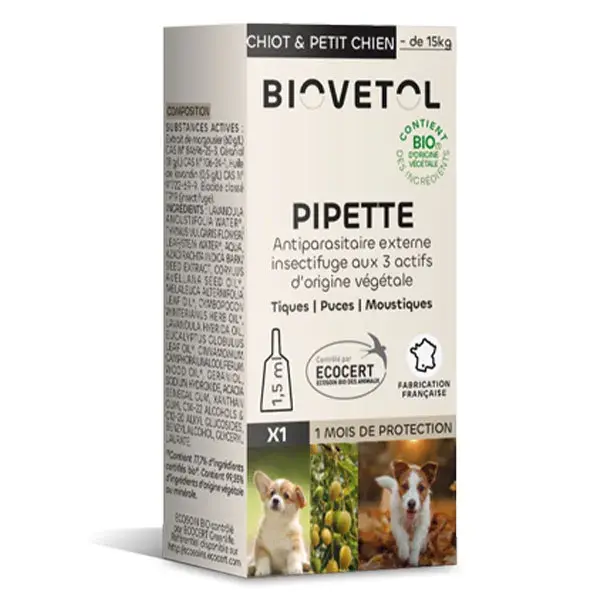 Biovetol - Antiparasitário - Pipeta individual orgânica para filhotes/cães de pequeno porte - 1,5 ml