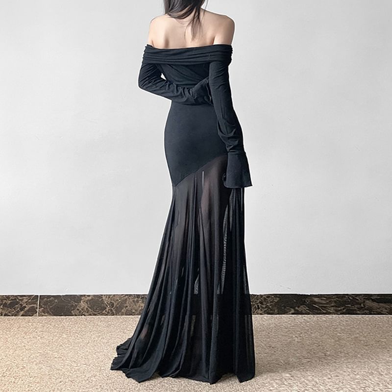 Honet - Lange mouw off-shoulder effen mesh paneel doorschijnende maxi bodycon jurk