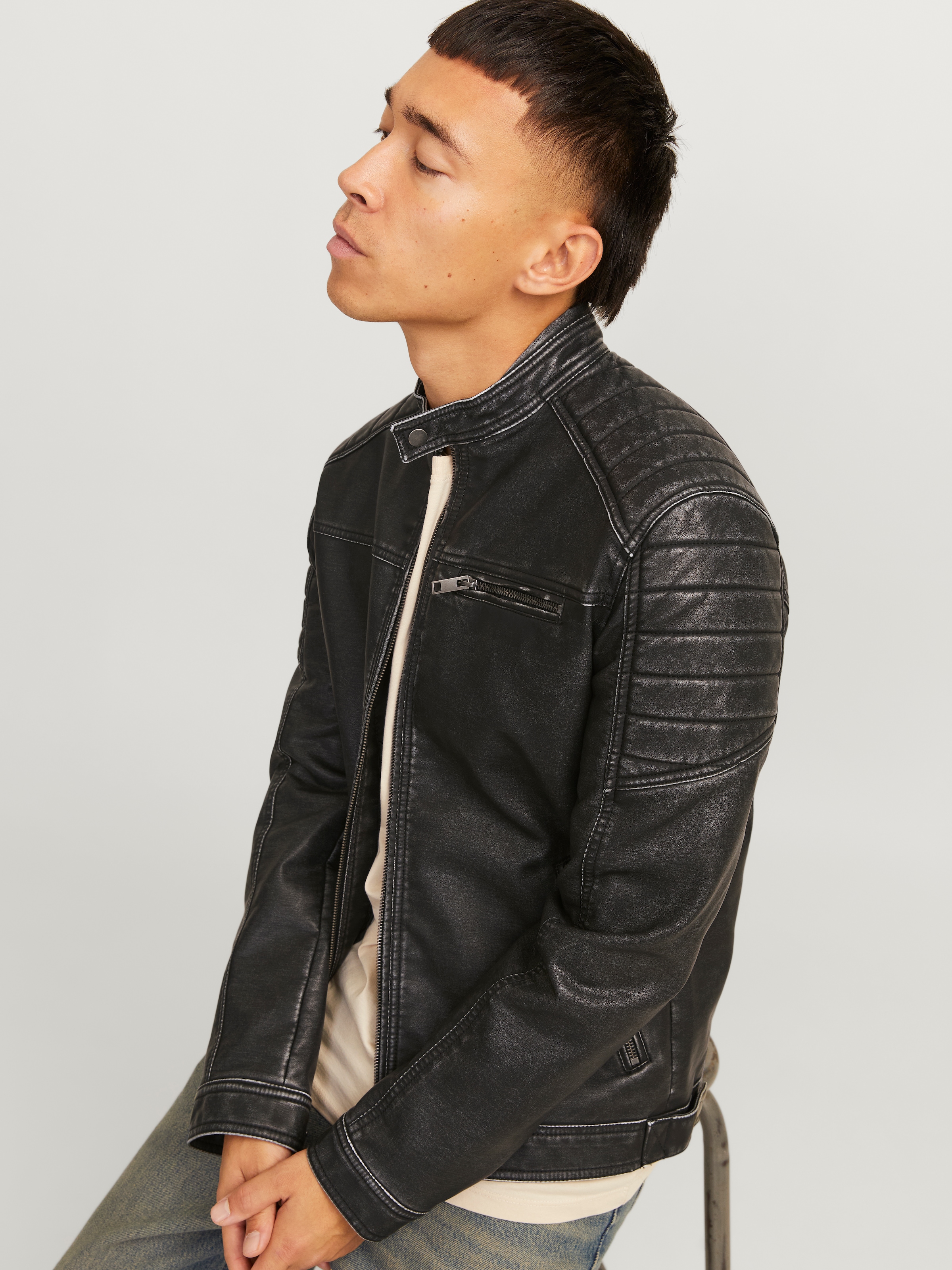 Jack & Jones Lederimitatjacke »JJEROCKY WASHED PU JACKET NOOS« ohne Kapuze mit Bandkragen