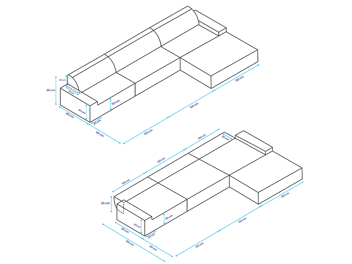 ARKO Triple Chaise Longue Modulaire Bank - 360x160cm Grijs