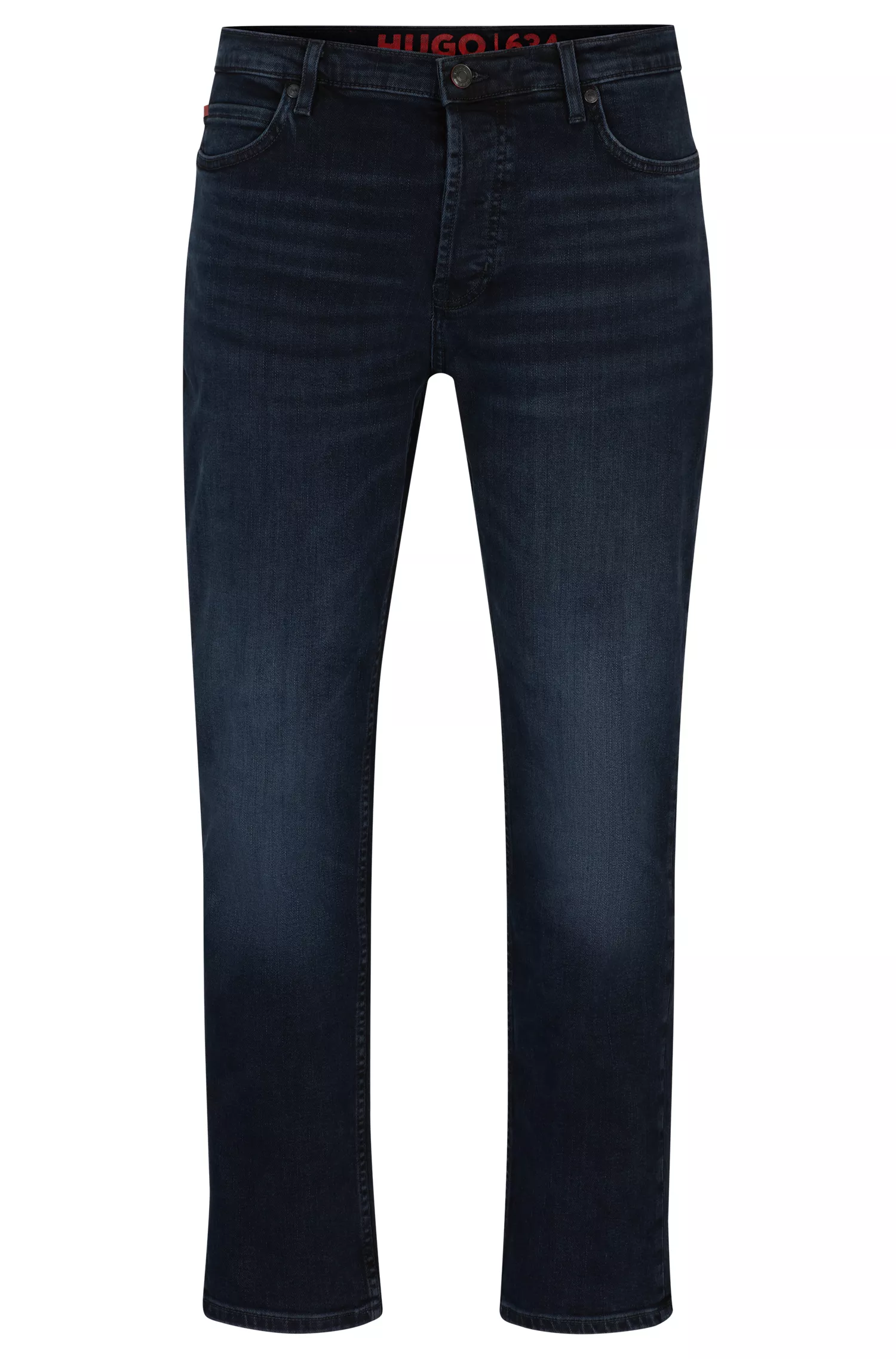 Calça jeans HUGO vermelha, corte afunilado, em denim azul-escuro.