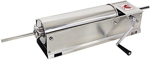 Beeketal 'BTH07' Edelstahl Industrie Wurstfüllmaschine (7 L Volumen/horizontale Ausführung), Profi Wurstfüller mit 2 Gang Vollmetall-Getriebe und Handkurbel, inkl. 5 Fülltüllen