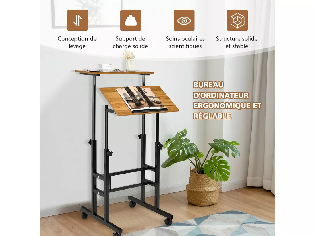 Bureau Assis-Debout à roulettes, Table Informatique à 2 Niveaux pour Ordinateur avec Hauteur Réglable, Noyer