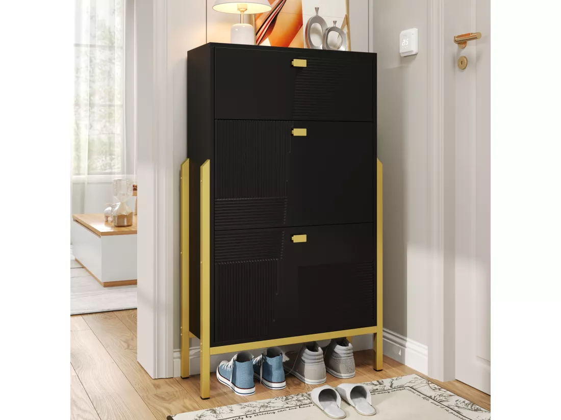 Armoire à chaussures avec tiroirs, porte-chaussures à double étage avec poignées et pieds dorés, design moderne et élégant, noir