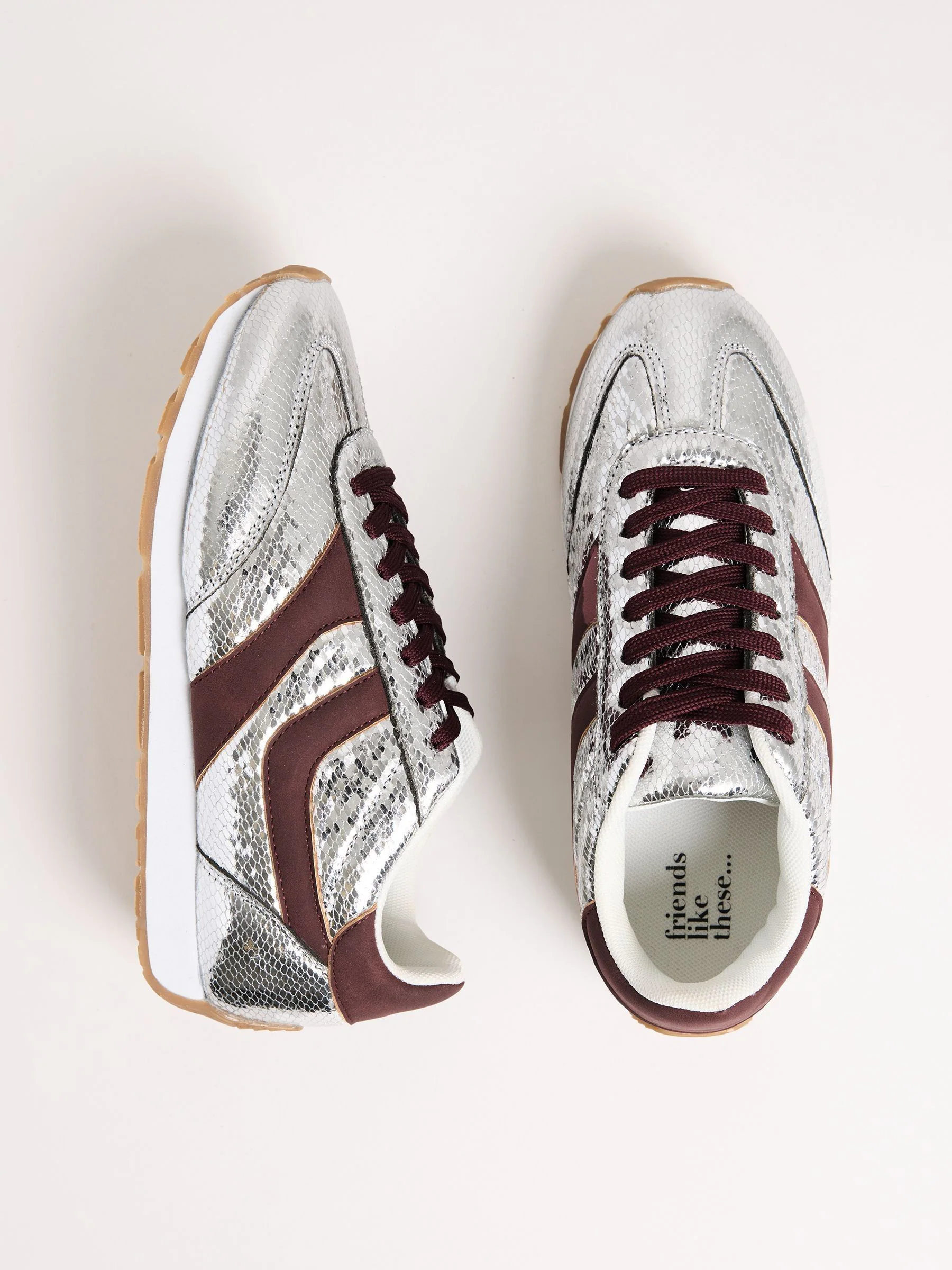 Silver Burgundy - Friends Like These Fabric Mix Slim Runner Lace-Up Retro Gumsole Sports Casual Trainers