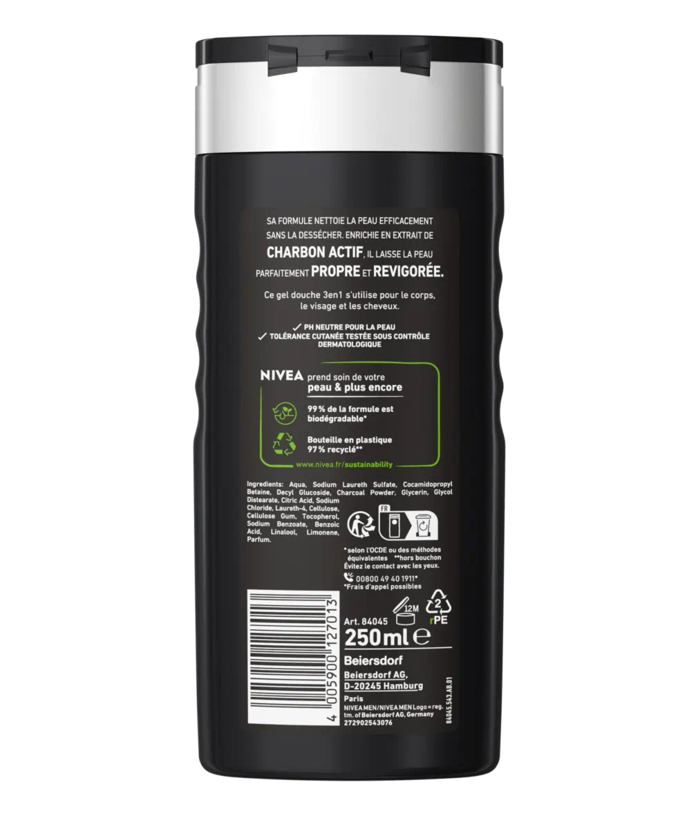 GEL DOUCHE 3 EN 1 HOMME ACTIVE CLEAN AU CHARBON