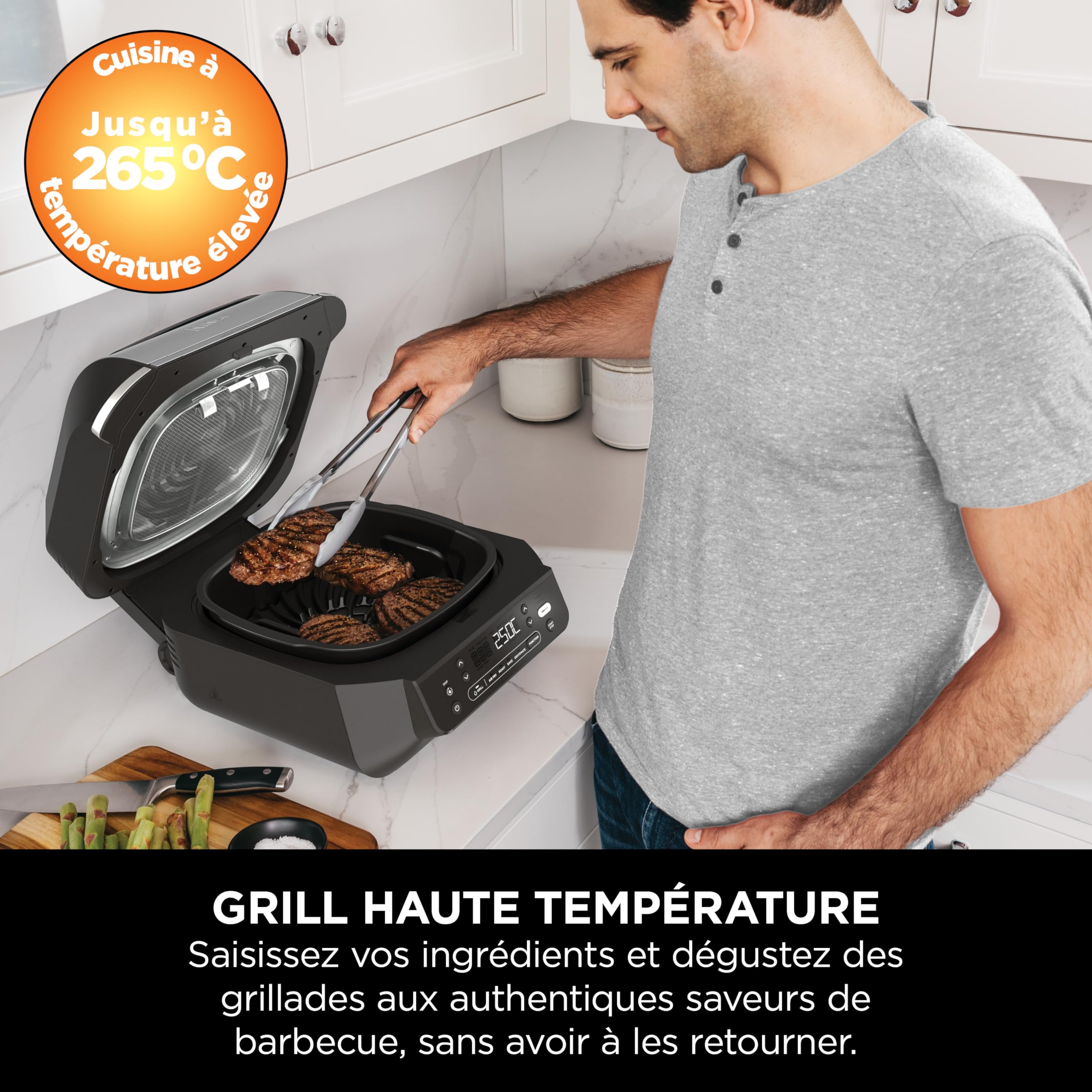 Ninja 5-en-1 Grill d’intérieur et friteuse sans huile, 5 modes, cuit jusqu’à 4 hamburgers, capacité 5,7 l, faible dégagement de fumée, thermomètre à v