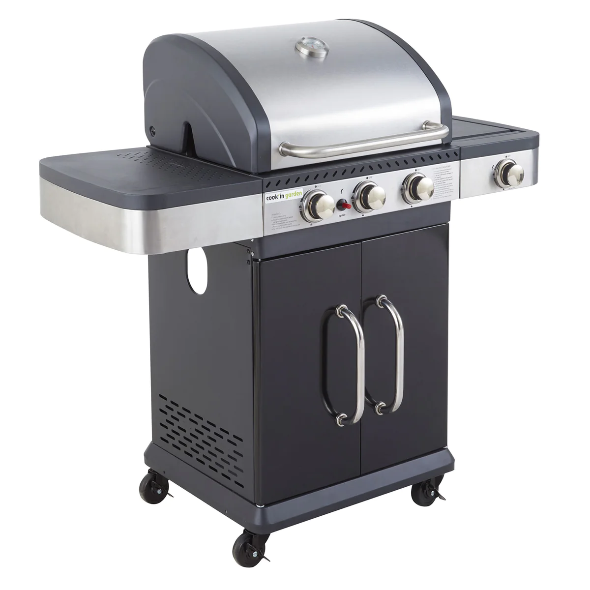 Barbecue au gaz FIDGI 3 avec thermomètre - 3 brûleurs + réchaud 11,5kW