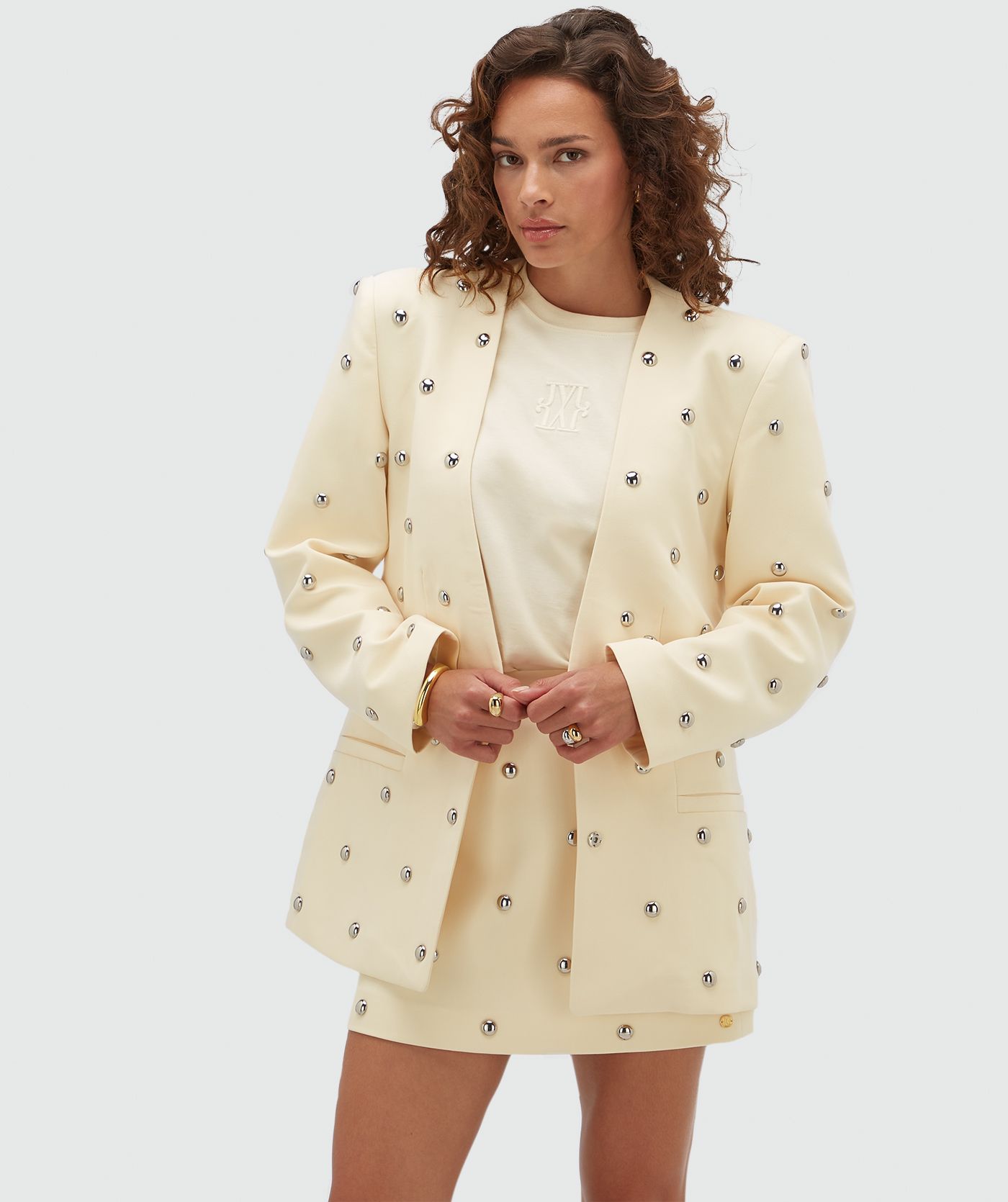 JV-ZENO high waisted rok met studs  - light yellow