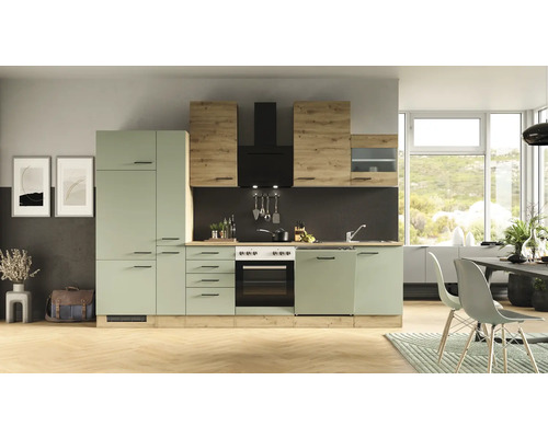 Flex Well keukenblok met apparatuur Cara 310 cm groen eiken mat gedemonteerd omkeerbaar model 00012745