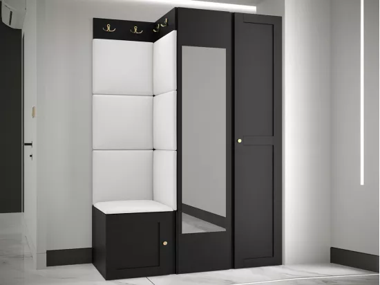 Meuble d'entrée Hartford 380, 186x116x46cm, Miroir, Blanc|Noir, MDF|Stratifié|Faux cuir