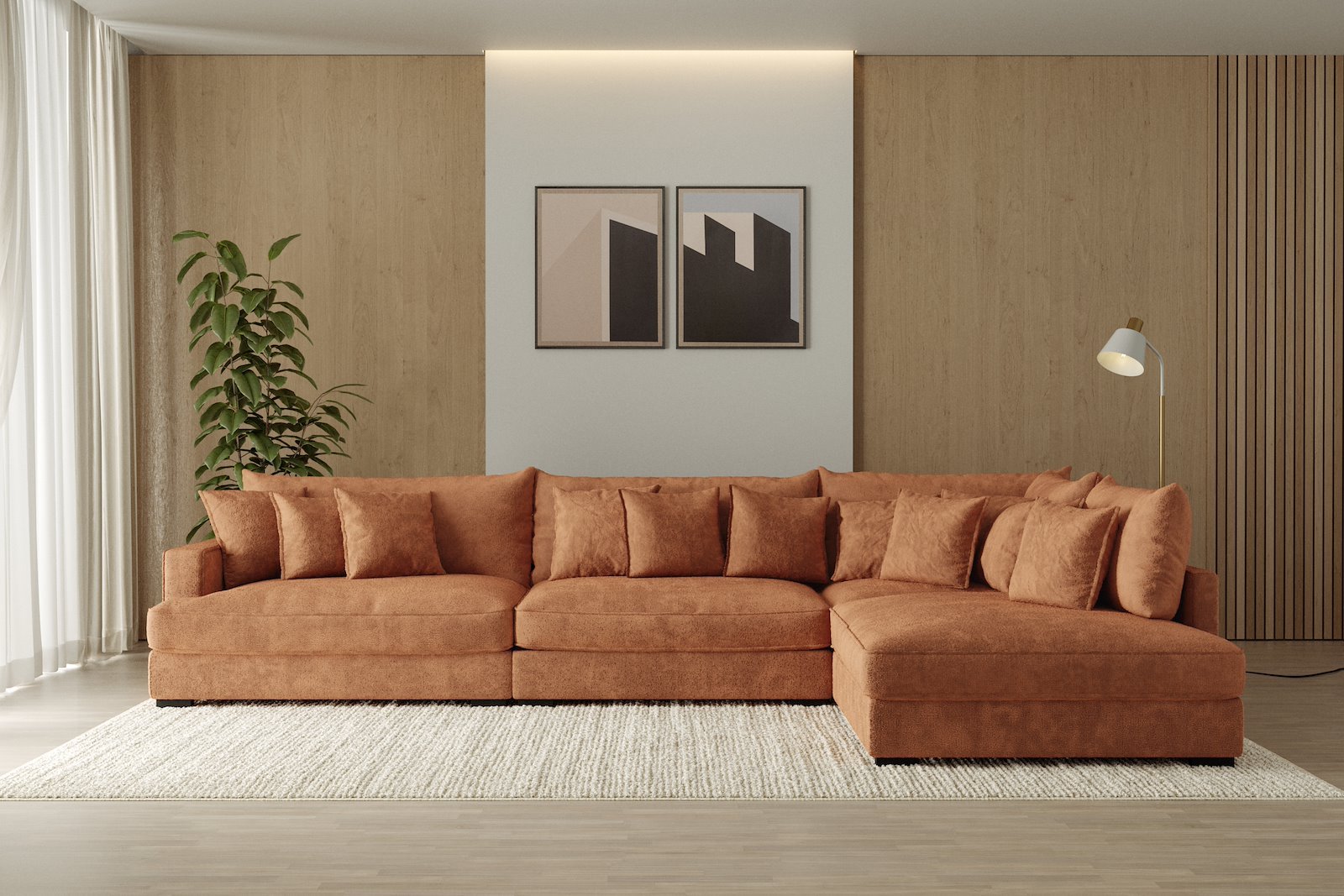 Rossi Lux 4-seter med åpen ende høyre Tekstil Genesis 9 Deep Terra, arm A med sorte ben. Lux Komfort.