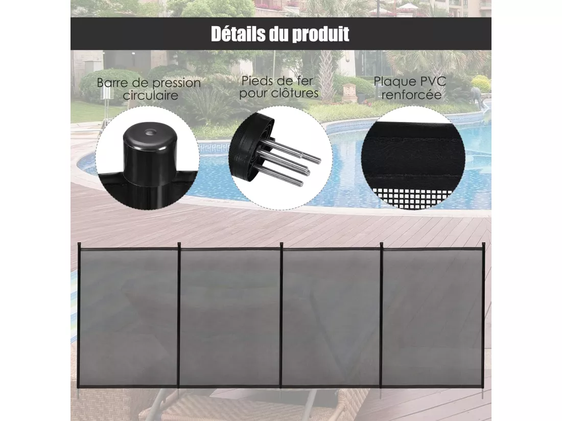 Barrière de Piscine, Barrière de Protection pour Piscine Barriere Filet en Aluminium+Acier Inoxydable+Tissu 366x122 cm Noir