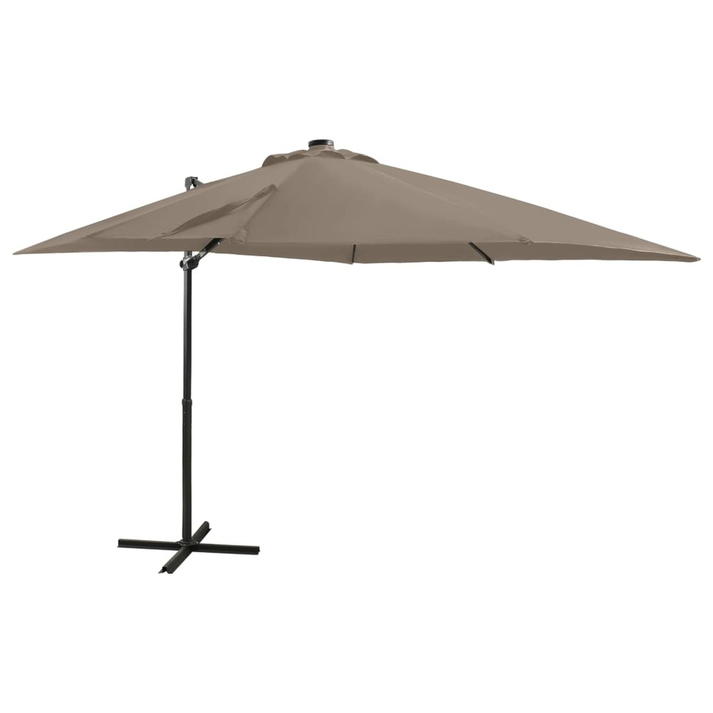 Parasol meuble de jardin déporté avec mât et lumières led 250 cm taupe