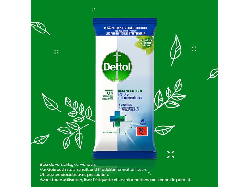 Dettol Desinfektion Hygiene-Reinigungstücher 60 Stück Antibakterieller Oberflächenreiniger mit neutralem Duft