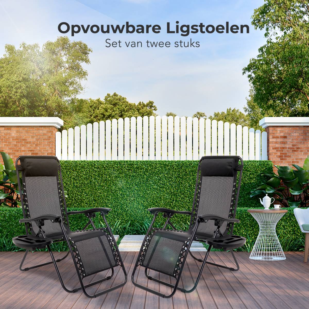 LifeGoods set van 2 relaxstoelen met zijtafel - Black