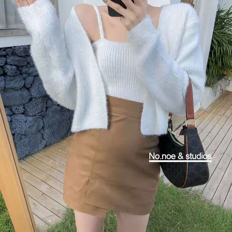 Sancus - Set van 2: effen harige gebreide camisole top & effen harige cropped cardigan