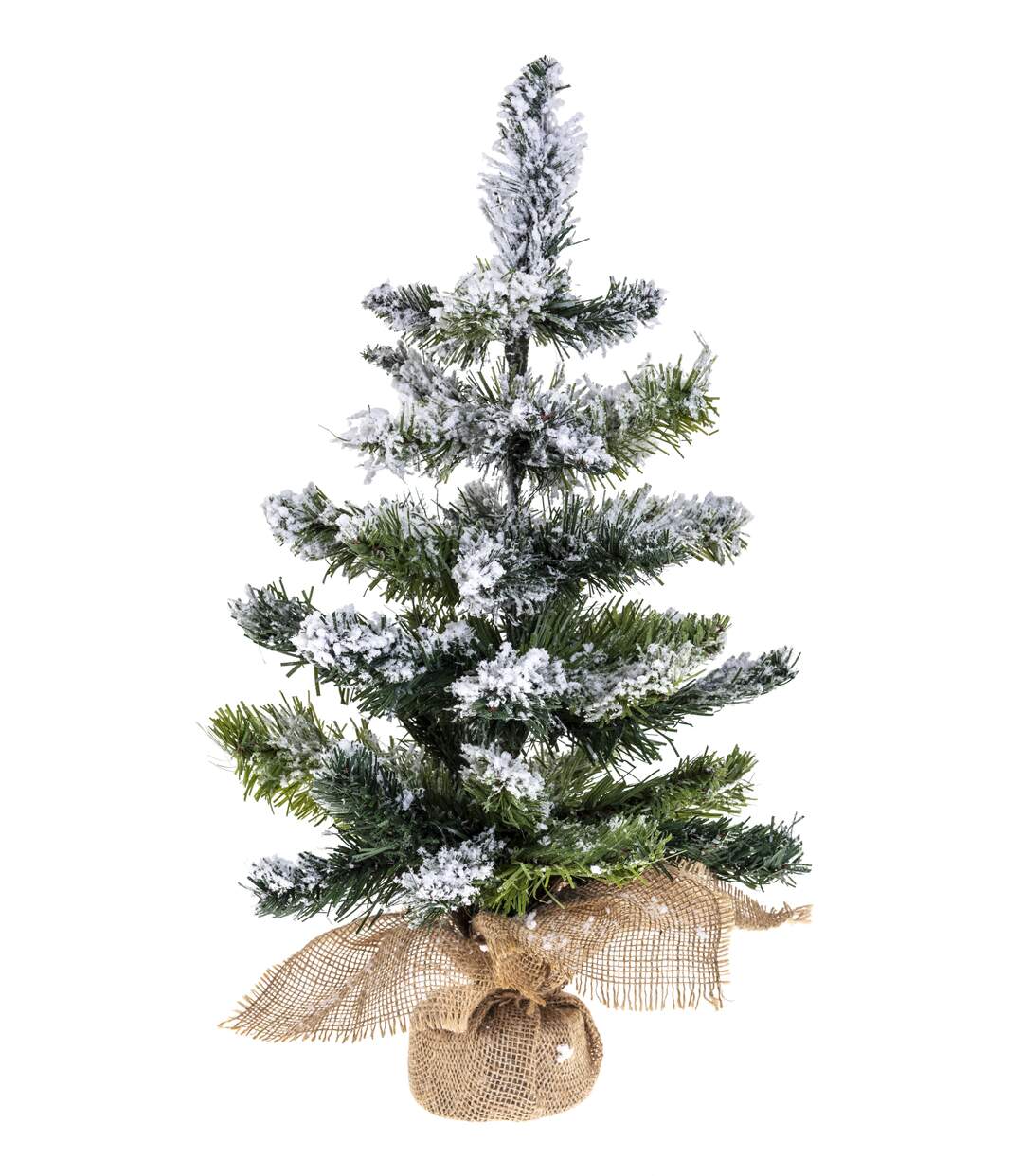 Sapin de Noël artificiel Blooming effet enneigé avec pot couvert de jute - H. 50 cm - Vert et blanc