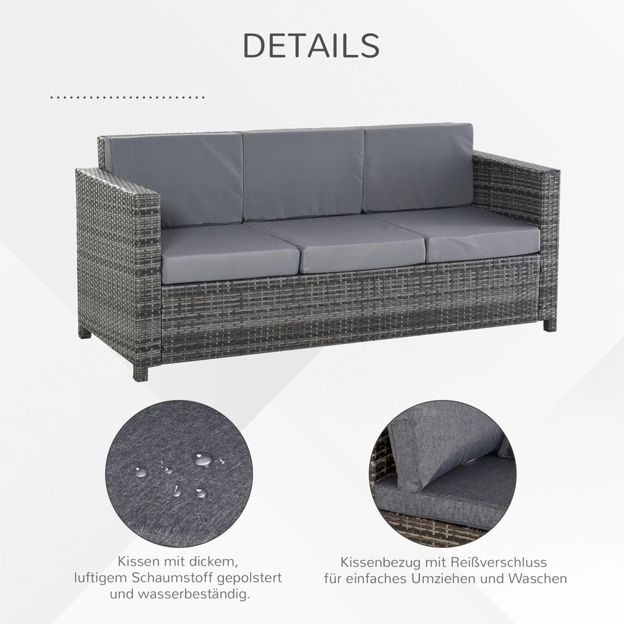 Outsunny 3 - Sitzer Rattansofa mit Kissen grau