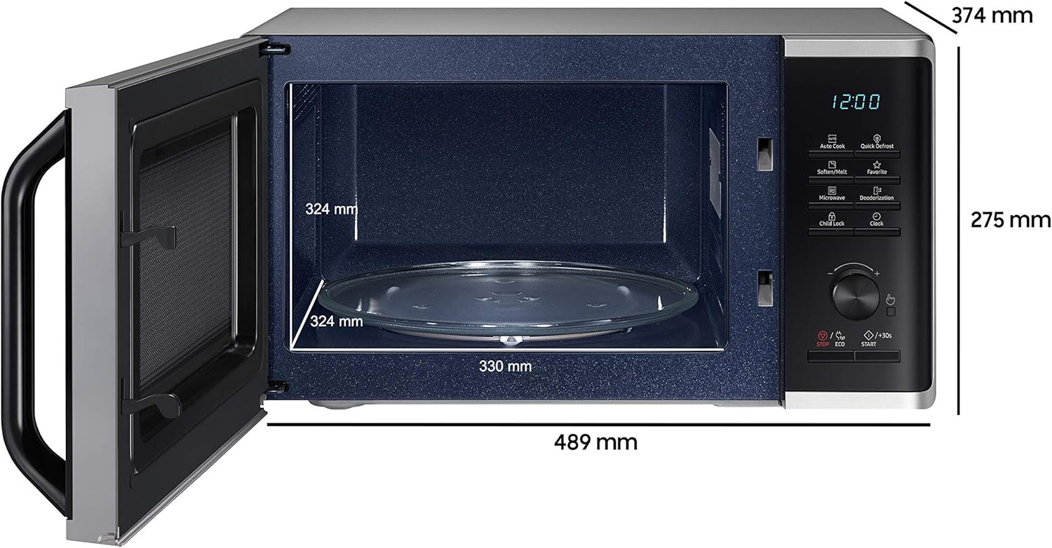 Samsung MS2AK3515AS/EG Mikrowelle, 800 W, 23 ℓ Garraum, 48,9 cm Breite, Kratzfester Keramik-Emaille-Inneraum, QuickDefrost Auftauprogramme, Silber