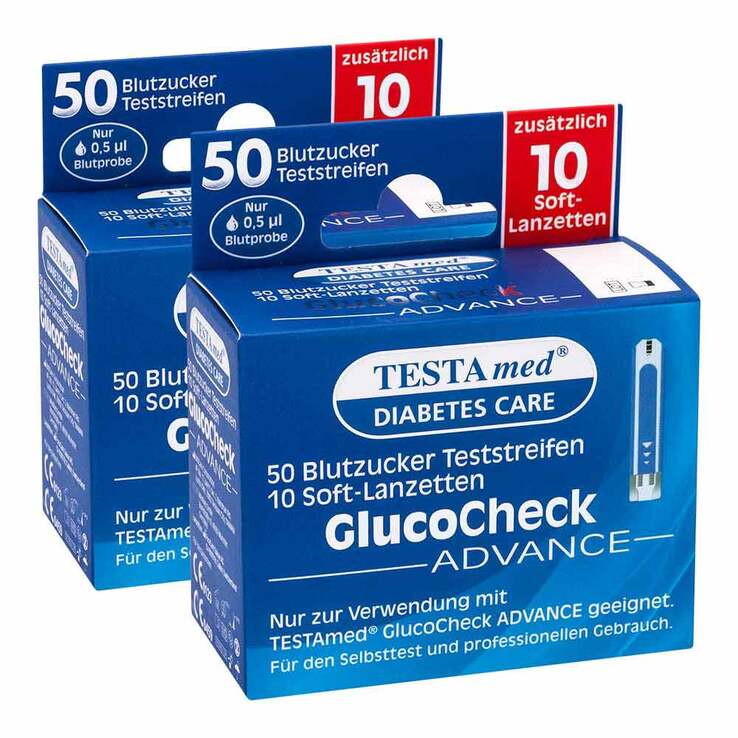 TESTAmed® GlucoCheck ADVANCE Teststreifen mit 10 Soft-Lanzetten, 2x1 P