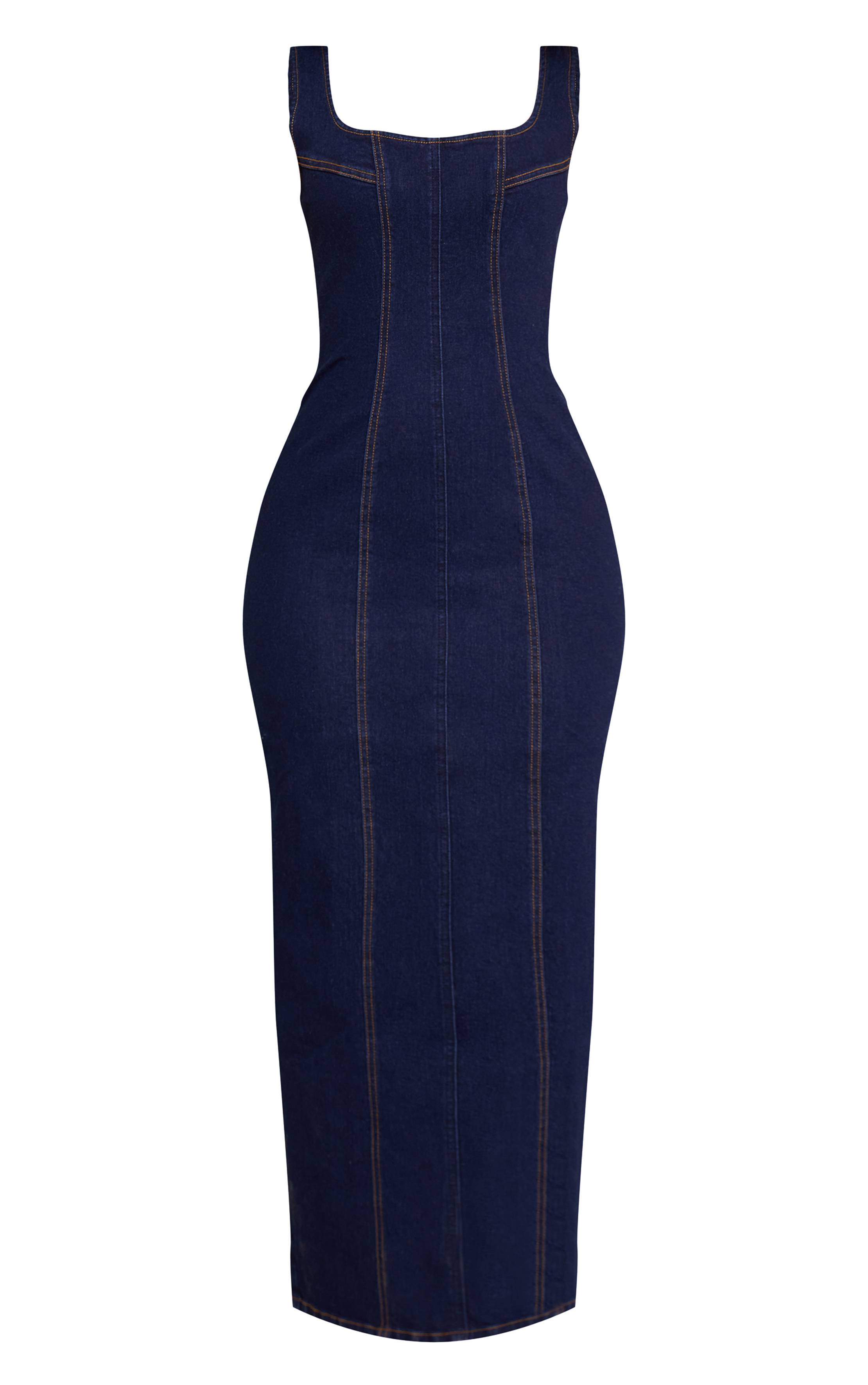 Bleu Indigo Robe Maxi Moulante En Denim Avec Détails De Coutures Petite