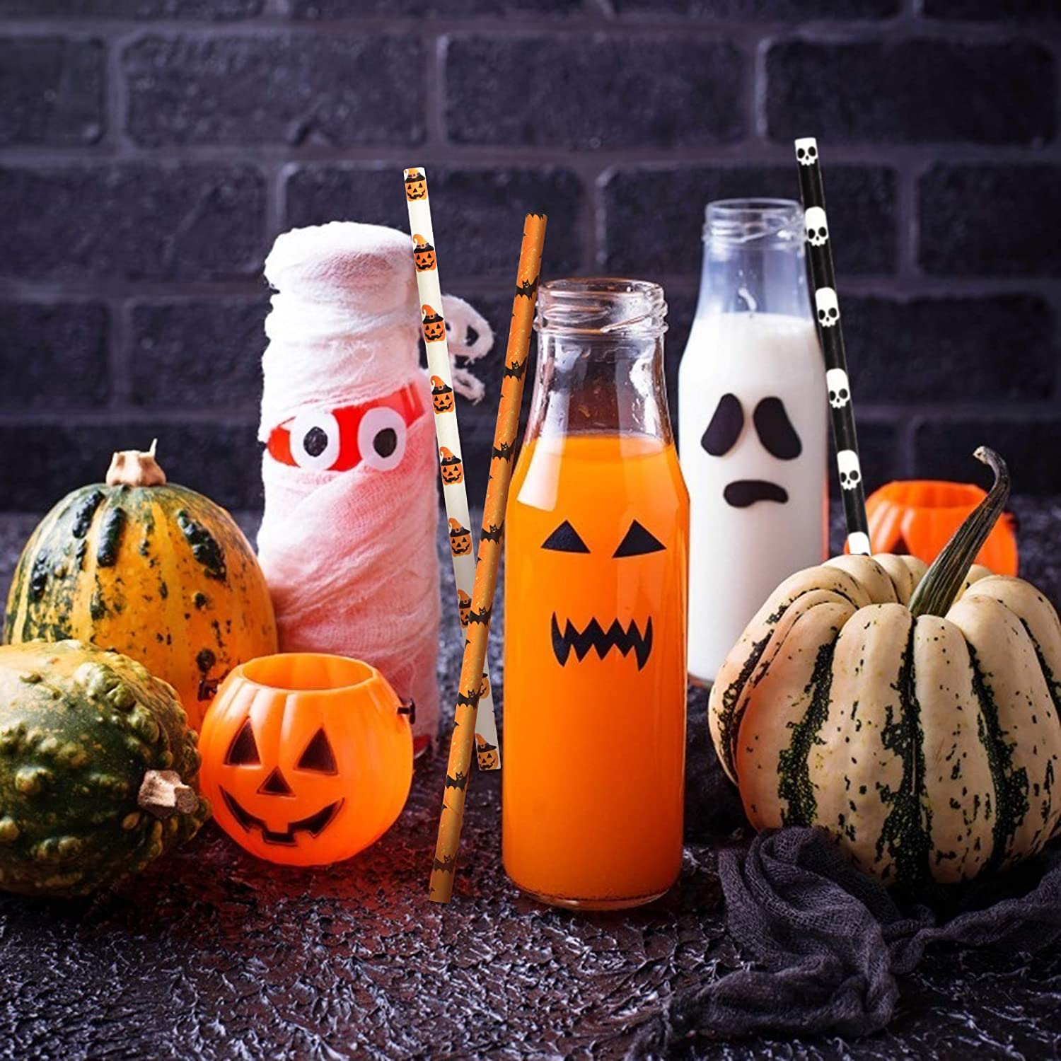 (25er Set) 20cm Halloween Papier Strohhalm Trinkhalm - Spooky